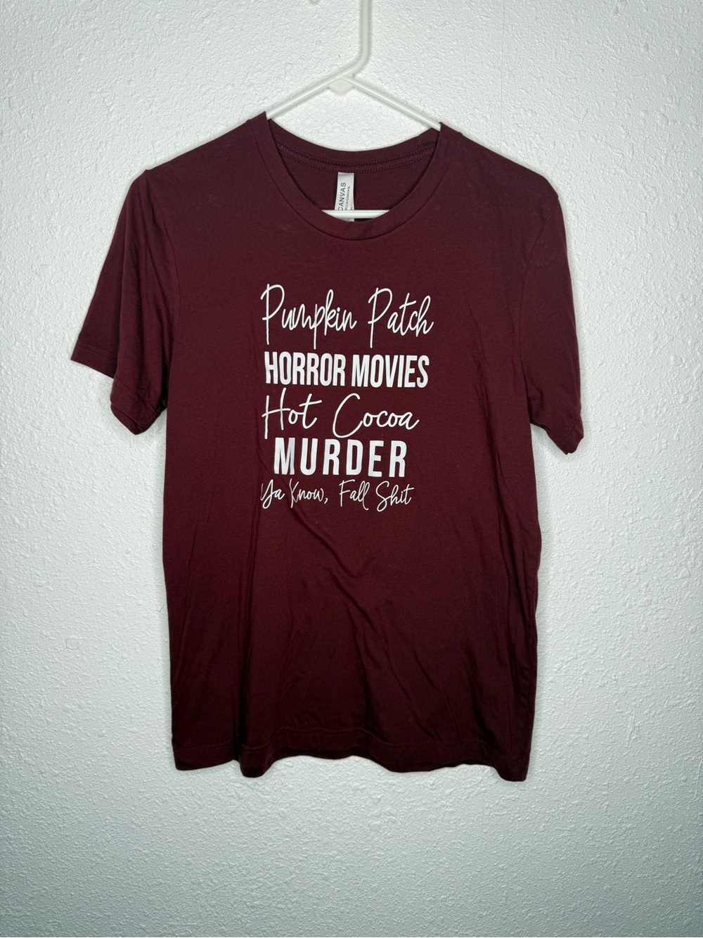 Bella Canvas Maroon Short Sleeve Graphic Tee with White Fall Text - M